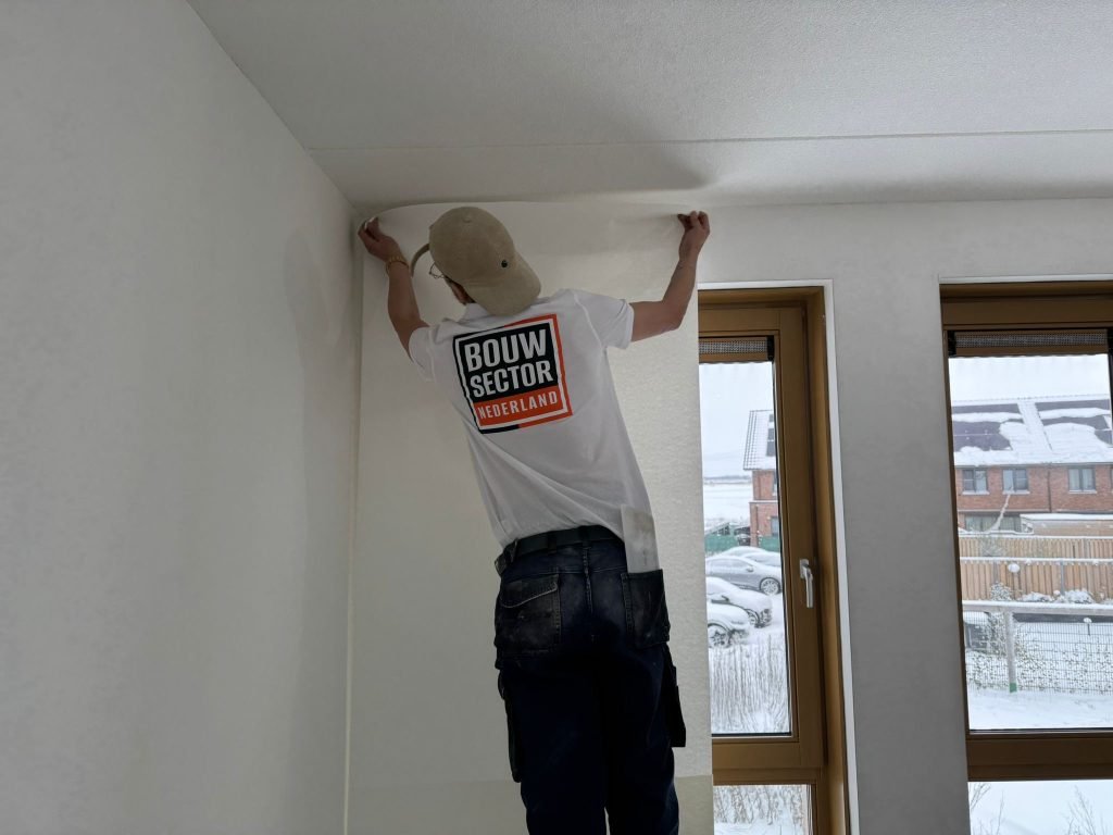 Behanger van Bouwsector Nederland zet een baan renovlies aan tegen het plafond van een nieuwbouwwoning