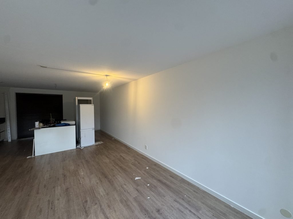 Lange witte woonkamerwand in een appartement met open keuken en een houten vloer